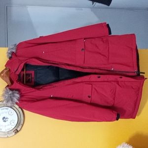 Womens red down coat with fur trim hood